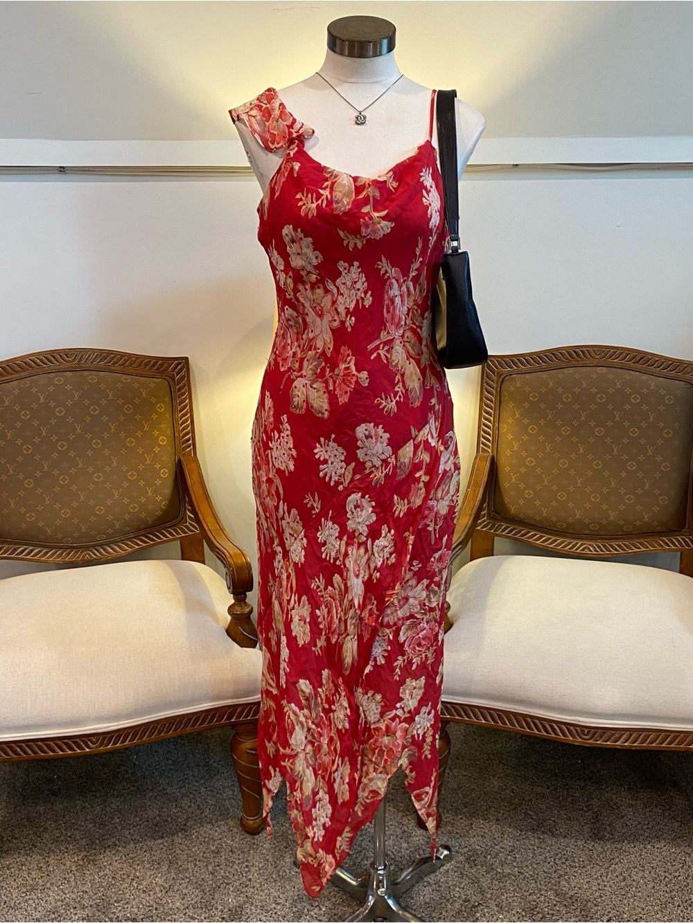 Vintage 90s Silk Chiffon Red Floral Asymmetrical Slip Dress Whimsigoth Fairy, S